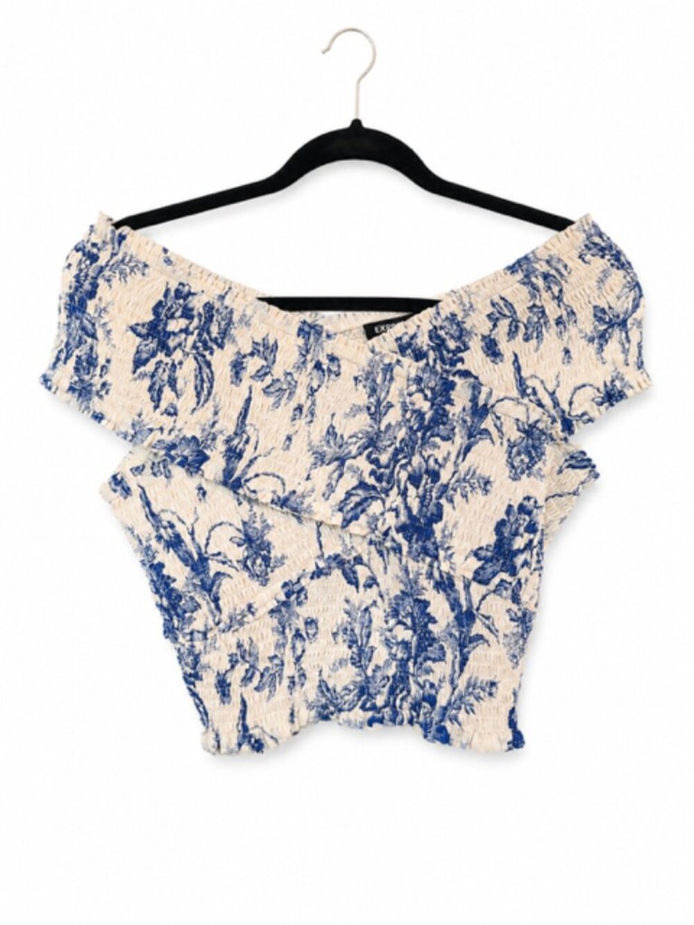 Express Blue & White Floral Smocked Off Shoulder Top Size M Boho Cottagecore